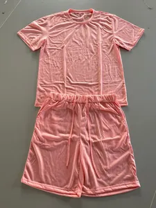 Men's summer casual two-piece sportswear set with pink short sleeve t-shirt and shorts.