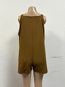Back view of brown plus size casual strap jumpsuit featuring textured fabric details.