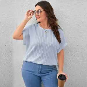 Trendy plus size light blue textured short sleeve T-shirt for a stylish casual summer look