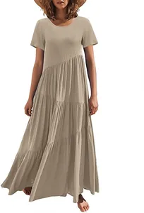 Detailed view of casual loose beach maxi dress with asymmetrical tiered skirt design