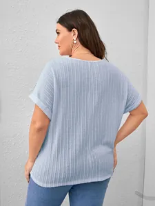 Detailed rear view of a light blue plus size cable knit short sleeve summer T-shirt