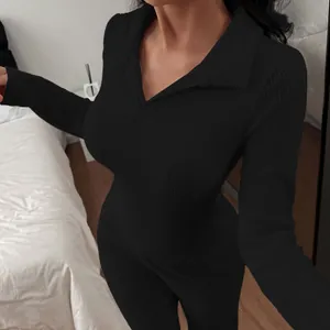 Elegant women's black ribbed knit polo collar long sleeve pajama and lounge pants set