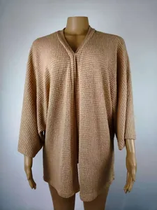 Gilet ample en maille gaufrée à manches trois-quarts marron chameau pour l'automne femme