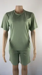Detail view of olive green summer sports casual T-shirt and shorts set on mannequin