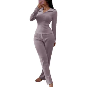 Women's mauve ribbed knit polo collar long sleeve loungewear set with matching pants