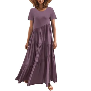 Loose short-sleeved round neck asymmetrical tiered maxi beach dress in purple color