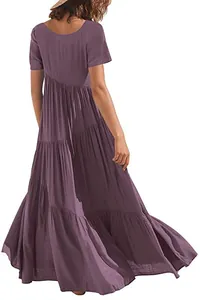 Detailed back view of a loose purple short-sleeve tiered maxi dress for summer beachwear