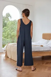 Detailed back view of a comfortable navy blue wide-leg sleeveless jumpsuit for casual wear