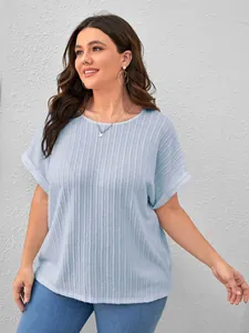 Detailed view of light blue plus size short sleeve ribbed T-shirt for women