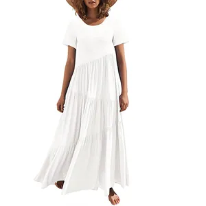 Elegant loose white short-sleeved round neck maxi dress with asymmetrical tiered swing skirt