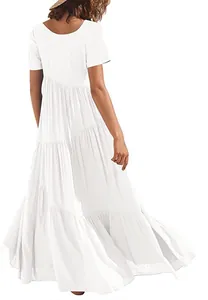 Elegant white loose short sleeve asymmetrical tiered swing beach maxi dress back view