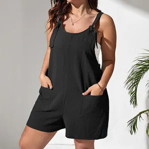 Stylish summer plus size black jumpsuit featuring bow straps and front pockets for women.