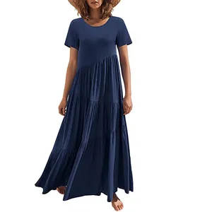 Full detail view of navy blue asymmetrical tiered loose maxi beach dress for summer.