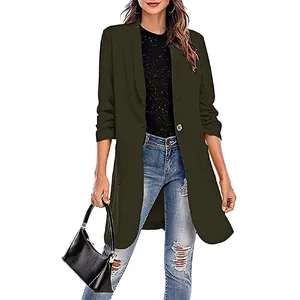 Olivgrüner Damen-Blazer in mittlerer Länge mit 3/4-Raffärmeln und einem Knopfverschluss