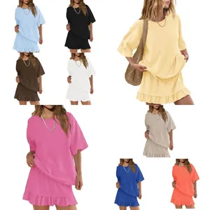 Women Casual Solid Color Two Piece Set Short Sleeve Round Neck Top And Ruffle Skirt Summer Loungewear Knitted Outfit