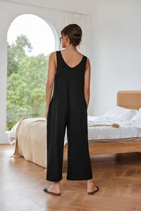 Detailed back view of a minimalist loose black sleeveless wide-leg jumpsuit for women
