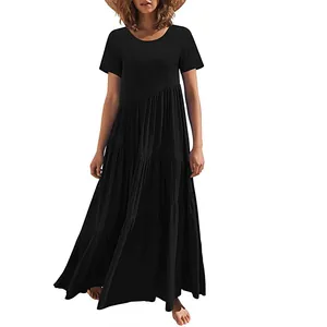 Women's casual black tiered maxi dress featuring an asymmetrical waistline and short sleeves.
