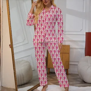 Women's pink monkey print long-sleeve pajama set with lapel shirt and trousers