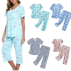 Dames Loungewear Set Bovenstuk En Onderstuk Bedrukt Polyester V-Hals T-Shirt Met Korte Mouwen En Capri-Broek Casual Pyjama