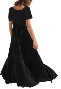 Back view detail of a loose black short sleeve tiered asymmetrical maxi beach dress