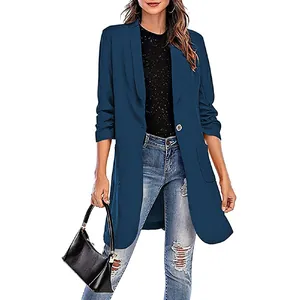 Stilvoller mittellanger Damen-Blazer in Dunkelblau mit 3/4-Ärmeln und einem Knopf