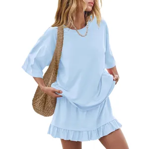 Fashionable casual light blue solid color short-sleeved T-shirt and ruffled mini skirt set
