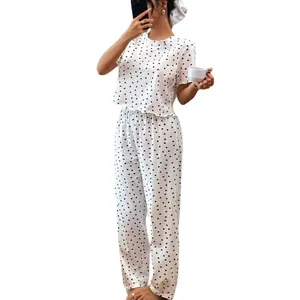 Conjunto de pijama de algodón para mujer con estampado de corazones, manga corta y pantalón