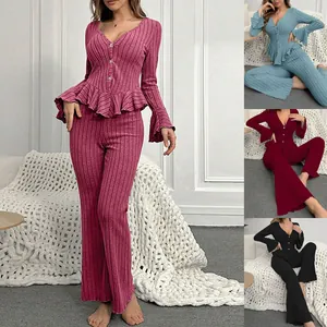 Damen Loungewear-Set mit V-Ausschnitt Gerippter Strick Glockenärmel Rüschen Strickjacke Top und Hose Pyjama-Set für Zuhause Winter Herbst
