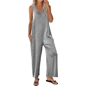 Women's casual loose wide-leg jumpsuit in grey sleeveless design for summer comfort.