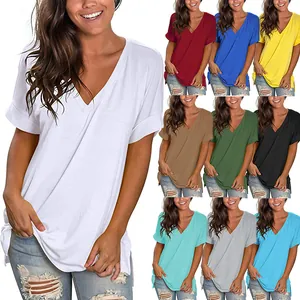 Γυναικείο Καλοκαιρινό Casual T-Shirt με Λαιμόκοψη V και Κοντό Μανίκι Χαλαρή Εφαρμογή Πλευρικά Σχισίματα Μονόχρωμη Μπλούζα
