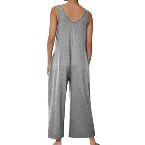 Detail view showing the back profile of a casual grey sleeveless wide-leg summer jumpsuit
