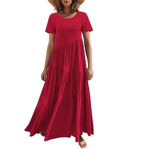Casual red tiered maxi dress with short sleeves and round neck for summer beach