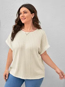 Detailed view of cream plus size textured short sleeve T-shirt for women