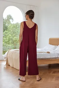 Back view of burgundy sleeveless wide-leg jumpsuit featuring deep V-neck and relaxed fit
