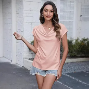 Camiseta casual de mujer en color sólido con elegante cuello drapeado para el verano
