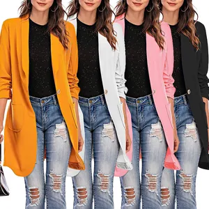 Damen Mittellang Blazer Jacke Elegant Dreiviertel Raffung Ärmel Büro Anzug Mit Taschen Einzelknopf Polyester Oberbekleidung Top