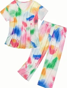 Πολύχρωμο σετ πυτζάμας tie-dye δύο τεμαχίων για γυναίκες με μπλούζα V και παντελόνι