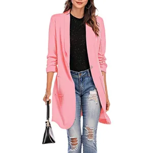 Stilvoller rosa Damenblazer in mittlerer Länge mit 3/4-Ärmeln und Einknopf-Verschluss