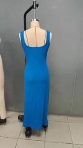 Detailed back view of a vibrant blue ribbed knit bodycon maxi dress for women