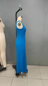Side profile of a vibrant blue ribbed knit sleeveless tank maxi dress on mannequin.