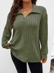 Detail view of khaki ribbed V-neck long-sleeve polo shirt with soft brushed fabric