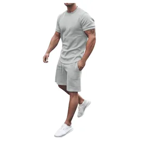 Side view detail of men's summer casual short sleeve T-shirt and drawstring shorts set