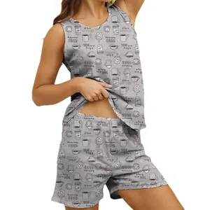 Women's gray pajama set with coffee print, sleeveless tank top and shorts loungewear