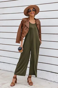Detailed view of a sleeveless olive green wide-leg jumpsuit for a casual summer look.