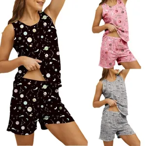 Summer women's pajama set featuring printed tank tops and shorts in three color variants.