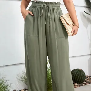 Women Plus Size Casual Straight Leg Pants Acetate Knitted Elastic Waist Loose Trousers Pockets Streetwear Fashion Bottom