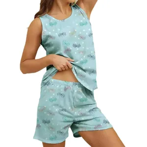 Detail view of women's mint green loungewear set with butterfly print and round neck tank