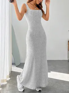 Full-body view of a grey ribbed sleeveless maxi dress featuring a square neck and slim fit.