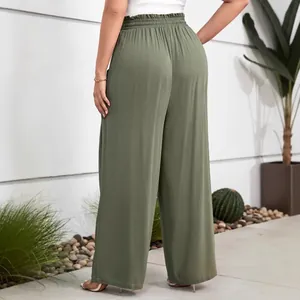 Back view of plus size women's olive green high waist elastic casual wide leg trousers