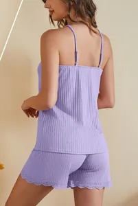 Back view of lavender ribbed camisole and lace-trim shorts loungewear set for women